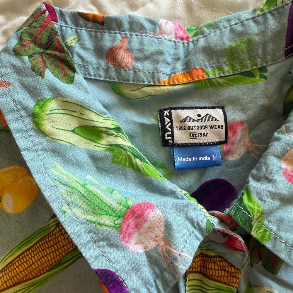 Short-Sleeve Button-Up Shirt Dress - Light Blue Vegetable Print - Picture 2 of 4